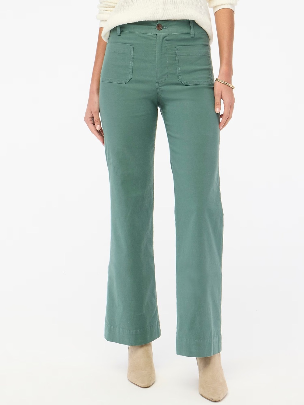 J. Crew Green Lizzie Wide Leg Pants Size 30 Linen Cotton Patch Pockets Chic Boho